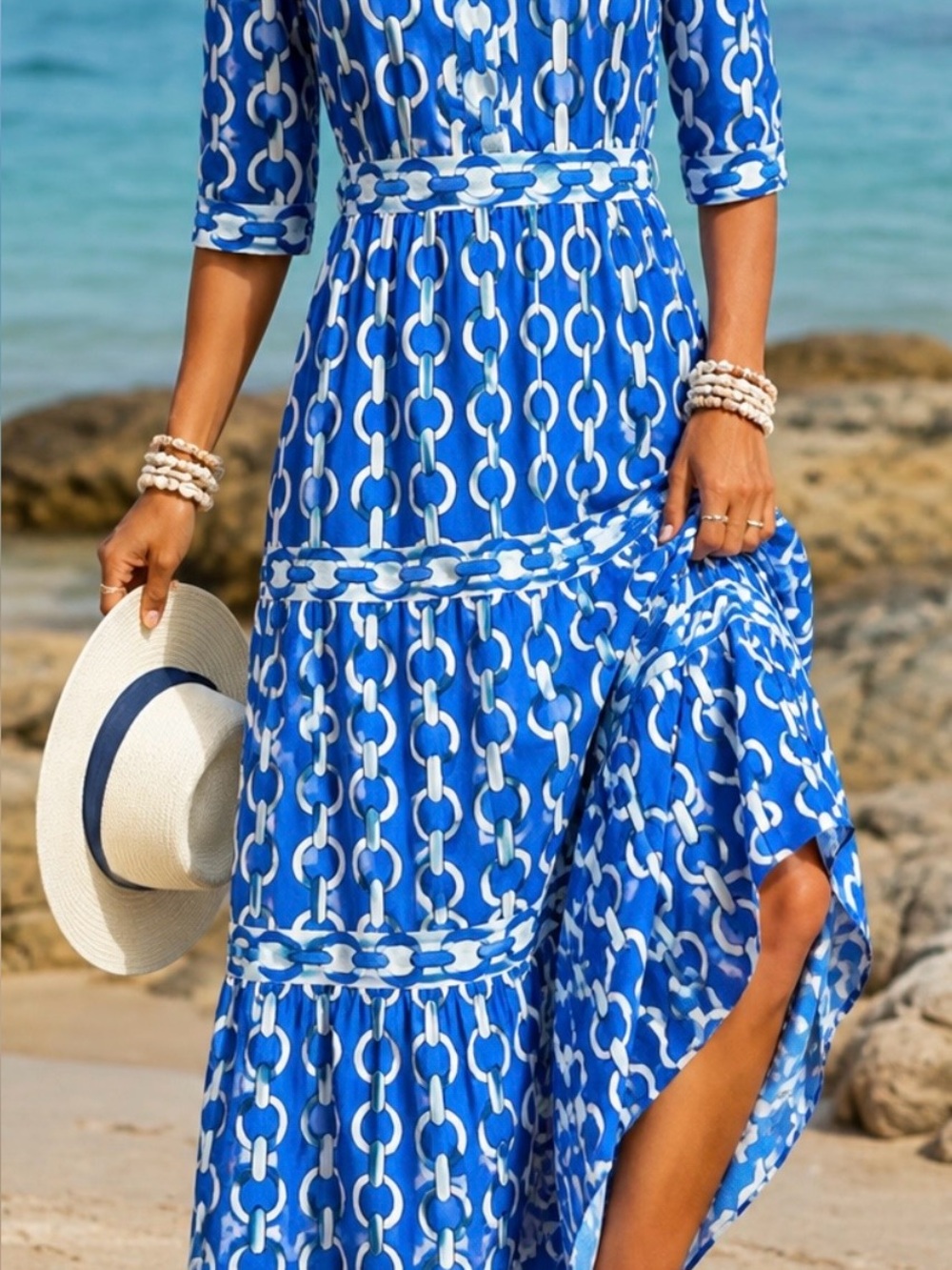 Jude Connally Blue and White Chain-Print Maxi Dress